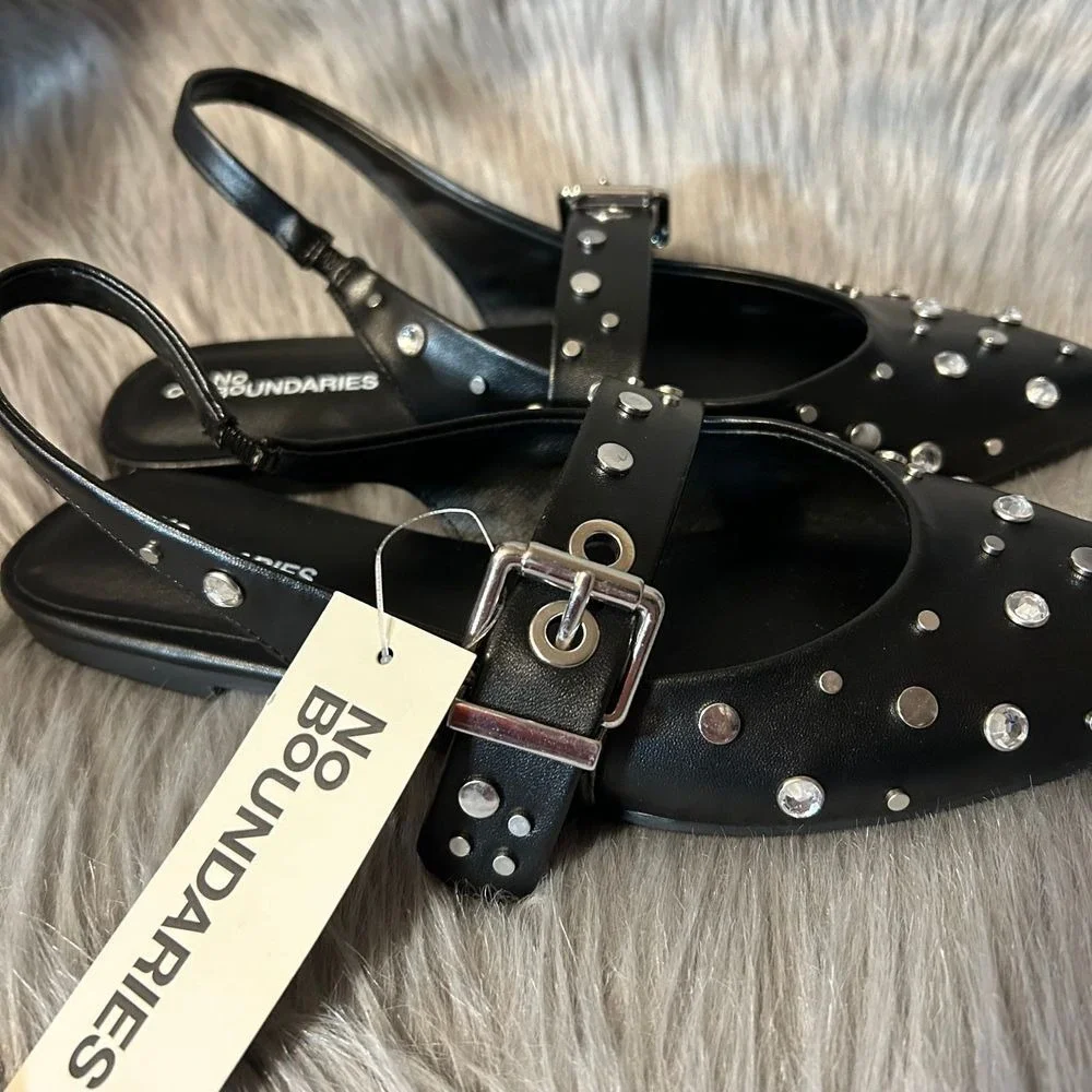 No Boundaries Studded Sling Back Flats Womens Size 8 Black Shoes Adjustable